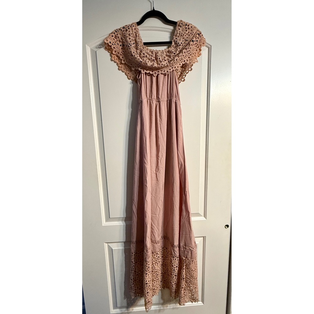 Loveriche Maxi Dress Small Pink Crochet Lace Off Shoulder Boho Romantic Festival